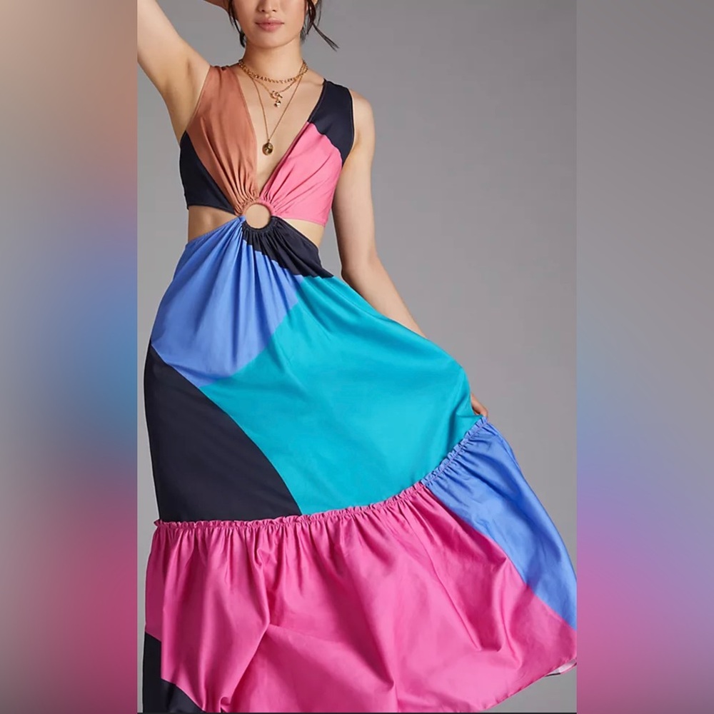 Anthropologie Geisha Designs Flounced Cut Out Color-blocked Dress NWT